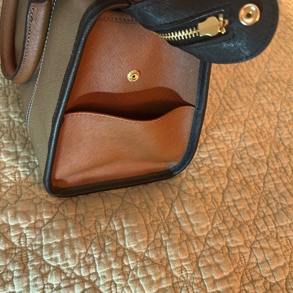 Calvin Klein Satchel Handbag Brown Black Tan Colorblock Purse Top Handles - Picture 13 of 16